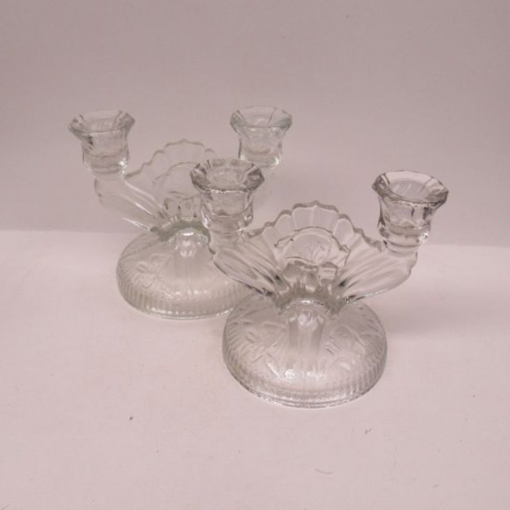 Jeannette Glass Crystal IRIS and HERRINGBONE Double Candle Holders, Pair